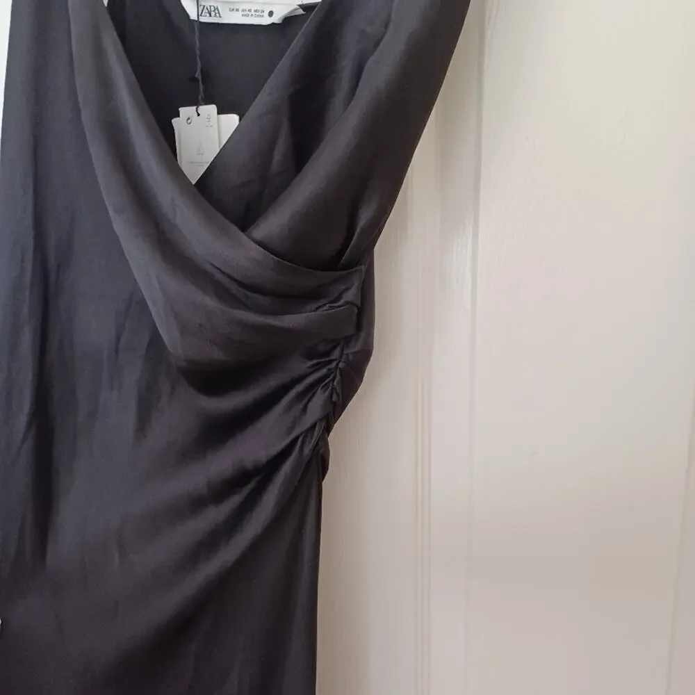 NWT Zara Ruched Side Satin Effect Midi Slip Dress Black XS